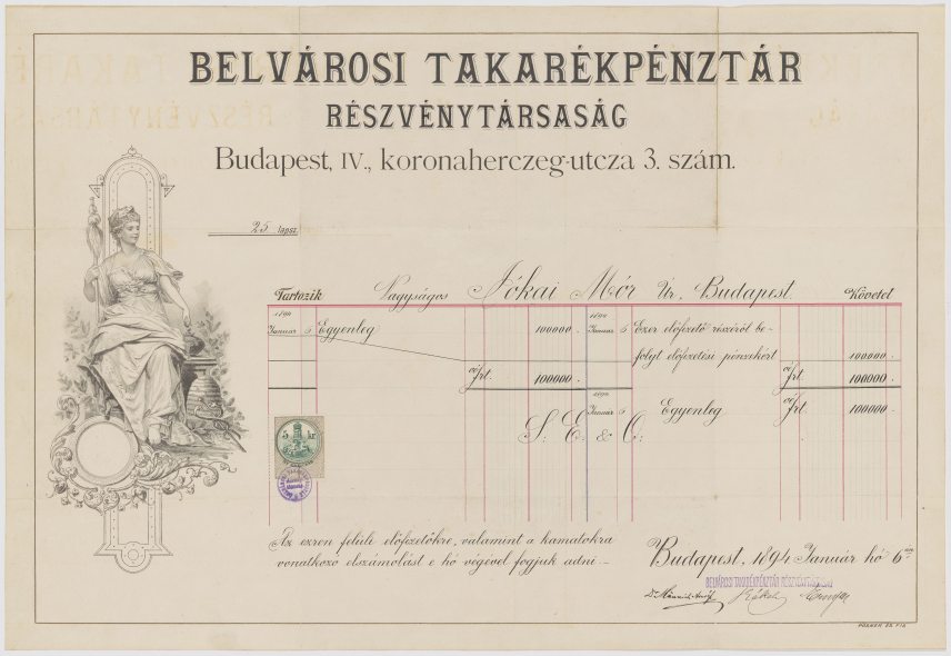 Belvárosi Takarékpénztár Rt. előfizetési elszámolása Jókai Mór számára