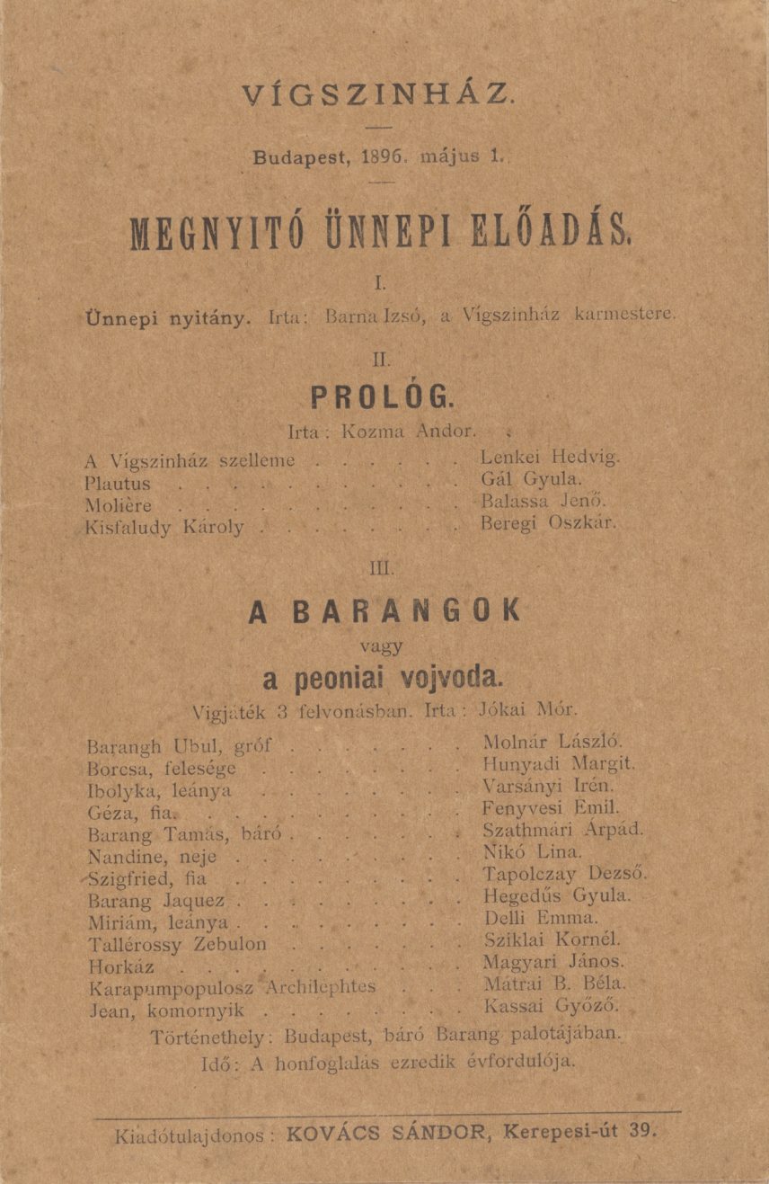 A Vígszínház megnyitó előadásának műsorfüzete: Jókai Barangok, vagy a peoniai vojvoda