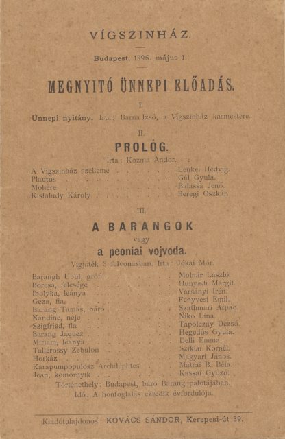 A Vígszínház megnyitó előadásának műsorfüzete: Jókai Barangok, vagy a peoniai vojvoda