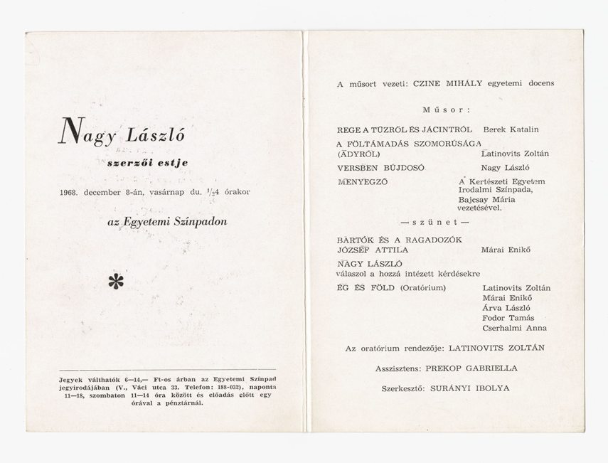 Meghívó Nagy László szerzői estjére, Egyetemi Színpad, 1968. dec. 8. és Berek Kati önálló estje, Egyetemi Színpad, 1978. nov. 21.