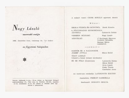 Meghívó Nagy László szerzői estjére, Egyetemi Színpad, 1968. dec. 8. és Berek Kati önálló estje, Egyetemi Színpad, 1978. nov. 21.