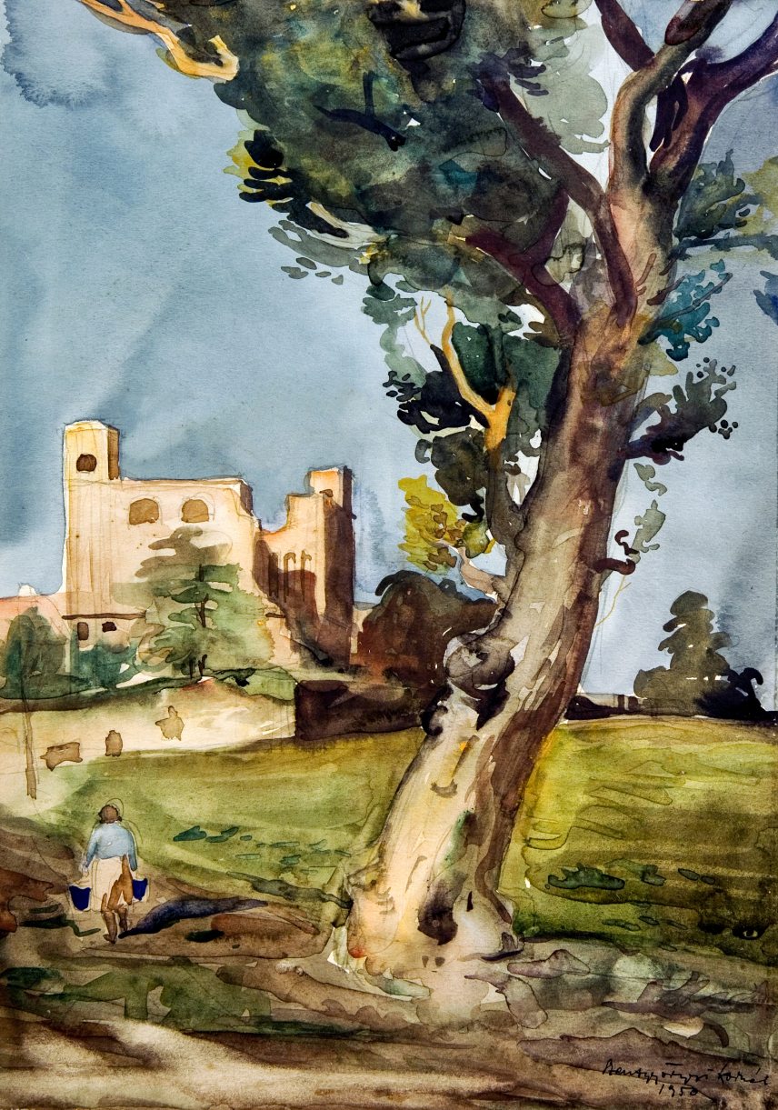 Szentgyörgyi Kornél: Sárospatak – tájkép a várral, akvarell, 1950.  (Fotó: Váradi László)