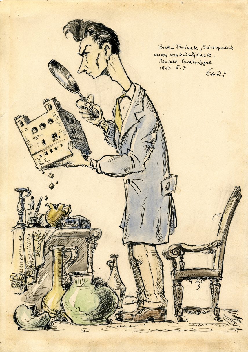 Karikatúra Bakó Ferencről, a Rákóczi Múzeum igazgatójáról, Egri Viktor, 1952. (Fotó: Gombos Levente). Karikatúra Bakó Ferencről, a Rákóczi Múzeum igazgatójáról, Egri Viktor, 1952. (Fotó: Gombos Levente).