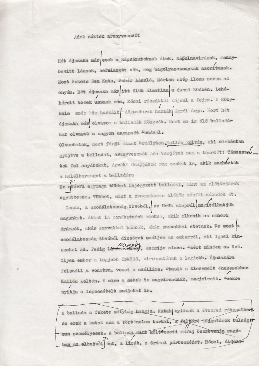 Nagy László. Adok néktek aranyvesszőt című esszéjének gépirata