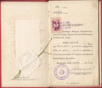 Nagy László Országos Magyar Képzőművészeti Főiskolai tanulmányaihoz kapcsolódó leckekönyve